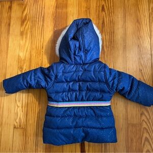 Blue Hooded Puffer Jacket with Rainbow Detail